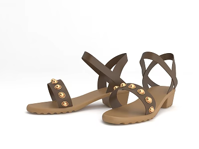 Brown Sandals With Crisscross Straps And Gold Studs On Wedge Heel 3d model