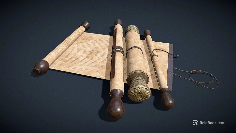 Ancient Scrolls With Wooden Handles And Unfolded Parchment On Dark Background 3d model 