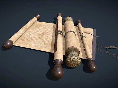 Ancient Scrolls With Wooden Handles And Unfolded Parchment On Dark Background 3d model