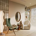 Cozy Leisure Sofa Chairs With Green Armchair White Plush Chair Oval Mirror And Floor Lamp