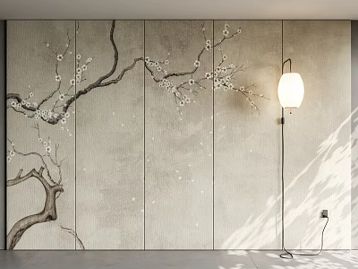 Light Beige Background Wall With Plum Blossom Branches White Flowers Floor Lamp And Light Shadow 3d model
