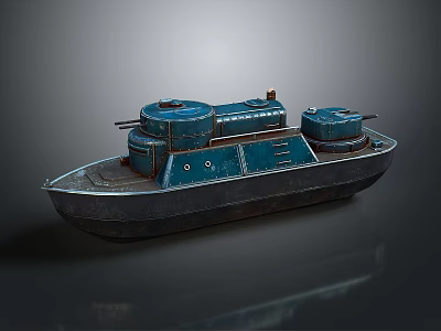 Blue Warship With Turrets And Hull Details 3d model