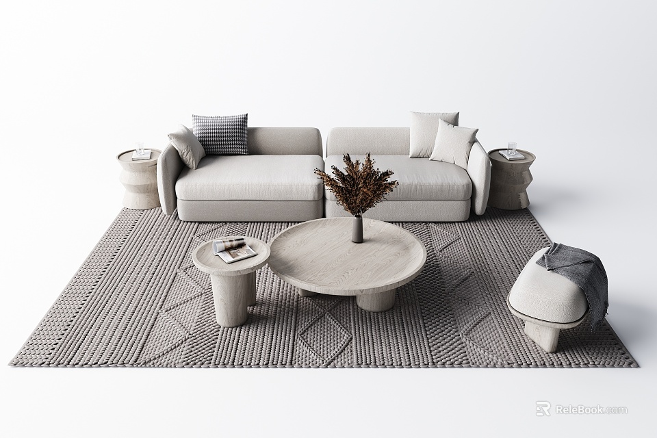 Modern Upholstered Sofa And Round Coffee Table Set With Pillows Side Tables And Decorative Rug 3d model 