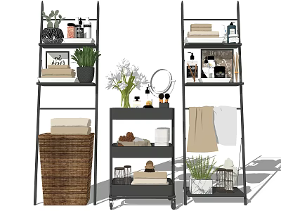 Multi Tiered Bathroom Storage Shelves With Towels Plants Mirror And Toiletries 3d model