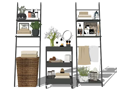 Multi Tiered Bathroom Storage Shelves With Towels Plants Mirror And Toiletries 3d model
