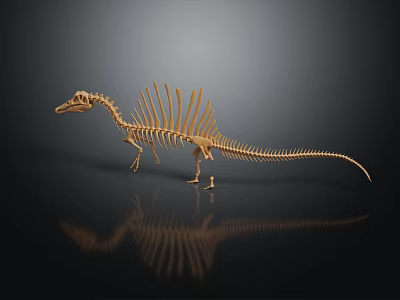 Public Museum Exhibition Displaying Golden Dinosaur Skeleton With Black Background Reflection 3d model