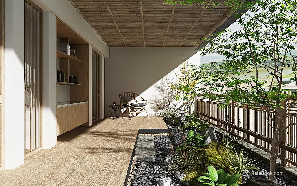 Japanese Style Roof Garden Featuring Wooden Flooring Bamboo Ceiling Rattan Chair Gravel Path Green Plants 3d model 