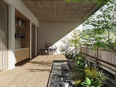 Japanese Style Roof Garden Featuring Wooden Flooring Bamboo Ceiling Rattan Chair Gravel Path Green Plants 3d model