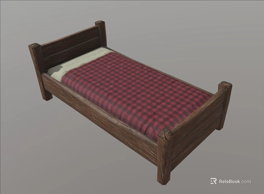 Wooden Bed With Red And Black Plaid Bedspread White Mattress And Simple Frame Design 3d model 