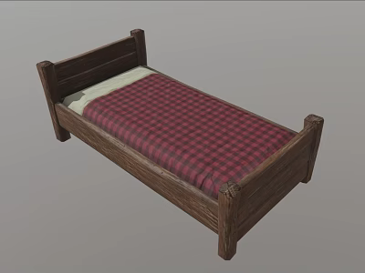 Wooden Bed With Red And Black Plaid Bedspread White Mattress And Simple Frame Design 3d model