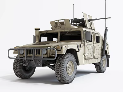 Military Utility Vehicle with Large Tires Sturdy Front Bumper and Roof Mounted Equipment 3d model