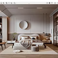 Modern Minimalist Bedroom Interior With Upholstered Headboard Round Decorative Mirror And Built in Wardrobes