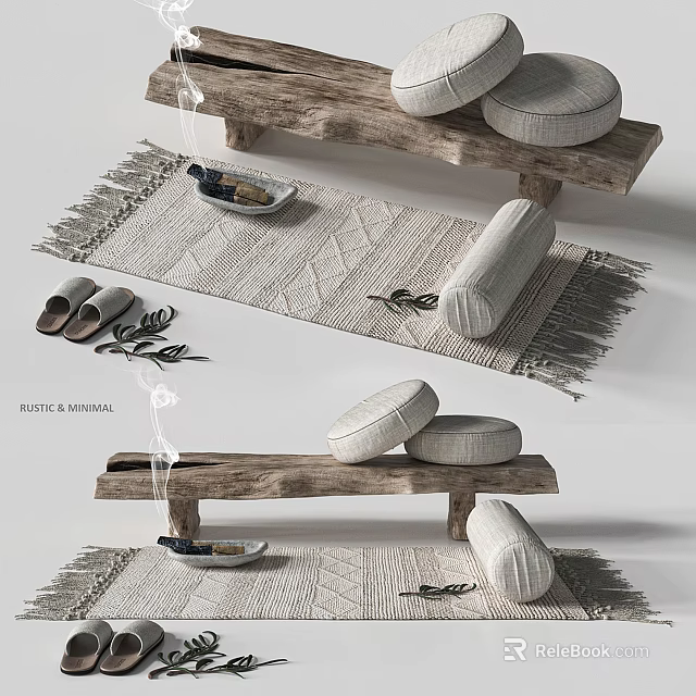 Rustic Minimal Fitness Corner With Wooden Bench Round Cushions And Woven Workout Mat 3d model 