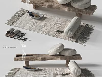 Rustic Minimal Fitness Corner With Wooden Bench Round Cushions And Woven Workout Mat 3d model