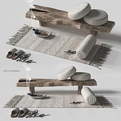 Rustic Minimal Fitness Corner With Wooden Bench Round Cushions And Woven Workout Mat 3d model
