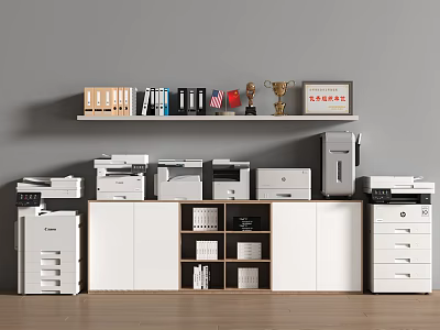 Modern Office Appliances With Multiple Printers Copiers Storage Cabinets And Shelf With Folders Trophies 3d model