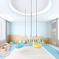 Kindergarten Playroom Interior With Yellow And Blue Hanging Swings Watermelon Shaped Toy And Colorful Blocks