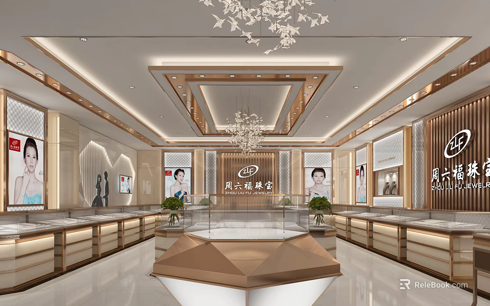 Luxurious Jewelry Store Interior With Chandelier Central Display Stand Glass Cases And Counters 3d model 