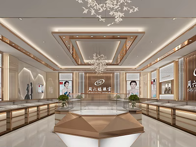 Luxurious Jewelry Store Interior With Chandelier Central Display Stand Glass Cases And Counters 3d model