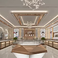Luxurious Jewelry Store Interior With Chandelier Central Display Stand Glass Cases And Counters