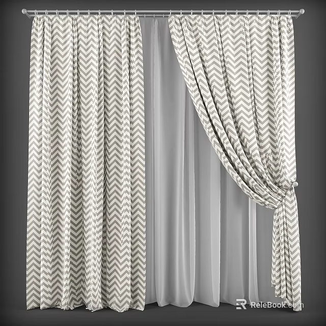Elegant Window Curtains with Gray and White Chevron Pattern and Sheer Undercurtain 3d model