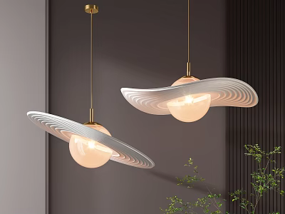 Two Modern Pendant Lights With Spherical Shade Gold Chain And Wavy Ring Decoration On Gray Wall 3d model