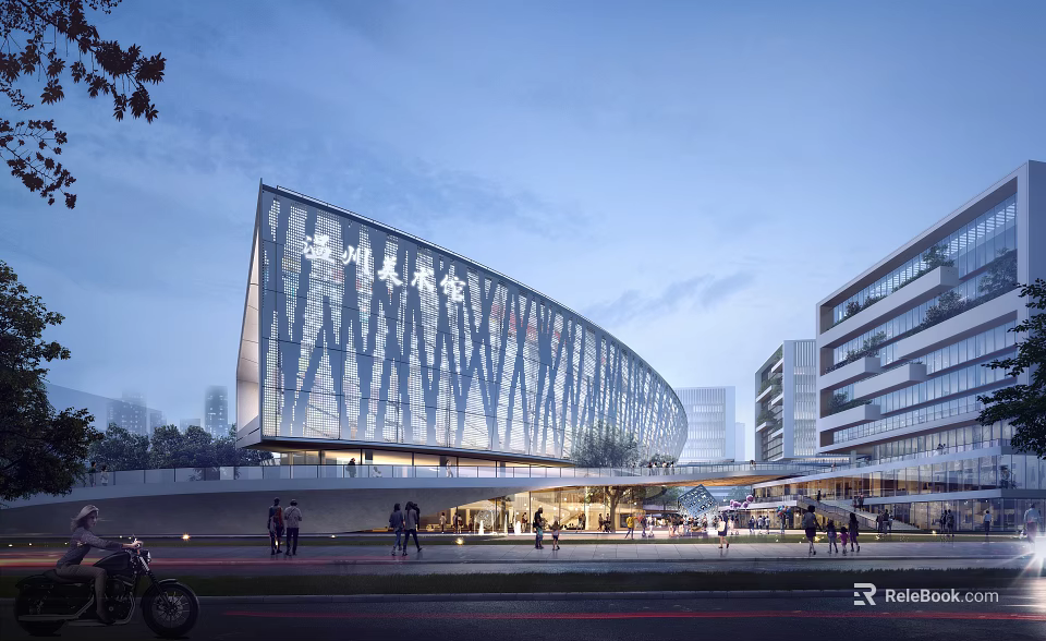 Modern Shopping Mall Building With Glass Curtain Wall Facade And Pedestrians At Dusk 3d model 