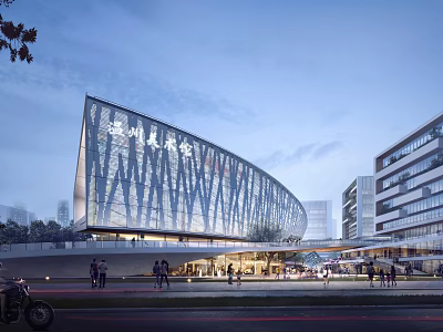 Modern Shopping Mall Building With Glass Curtain Wall Facade And Pedestrians At Dusk 3d model