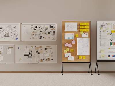 Office Wall With Various Display Boards And Notes 3d model