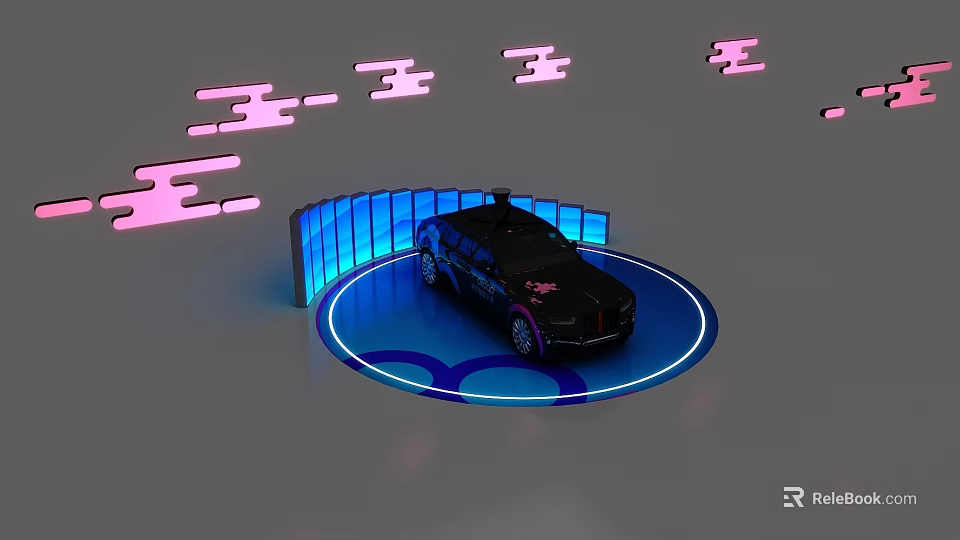Futuristic Exhibition Island Display With Car And Neon Lights And Illuminated Background 3d model 