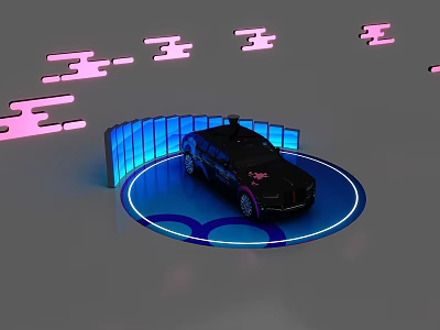 Futuristic Exhibition Island Display With Car And Neon Lights And Illuminated Background 3d model