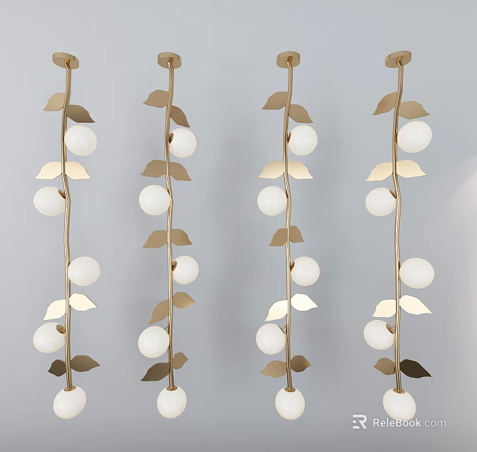 Golden Leaf Decorated Chandelier With White Globe Lights Modern Design 3d model