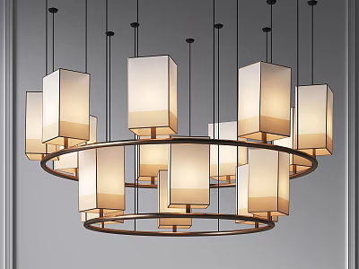 Elegant Modern Chandelier With Multiple Square Lampshades And Circular Metal Frames 3d model