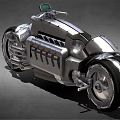 Silver Metallic Motorcycle With Unique Retro Futuristic Design And Large Chrome Wheels
