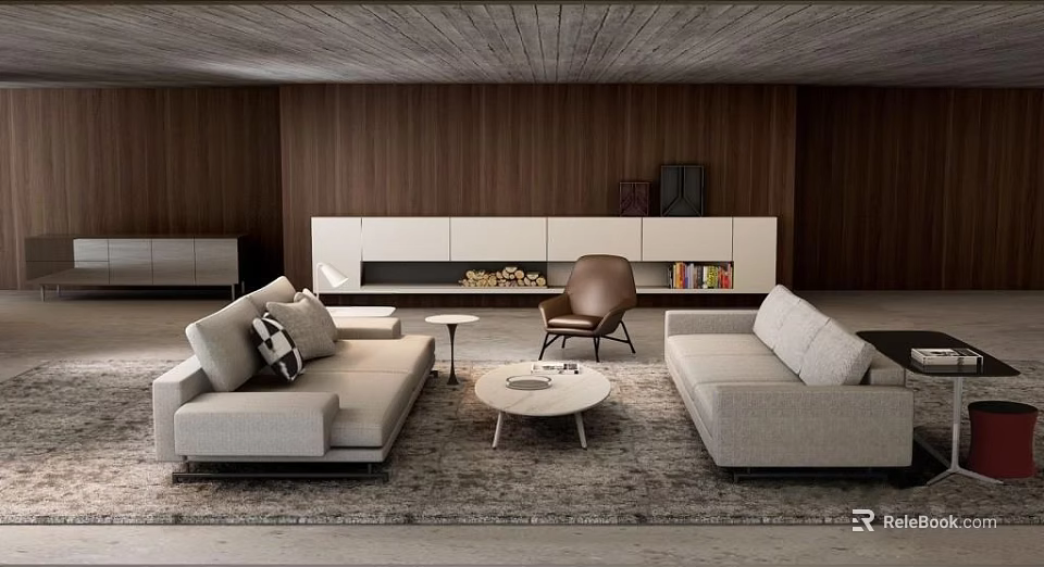 Modern Sofa and Coffee Table Set With Wooden Walls Area Rug and Armchair in Living Space 3d model 