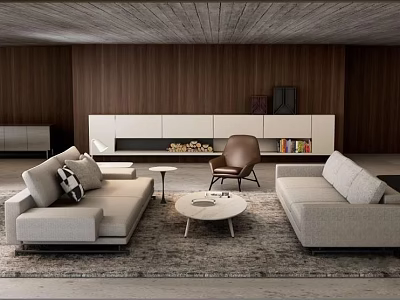 Modern Sofa and Coffee Table Set With Wooden Walls Area Rug and Armchair in Living Space 3d model