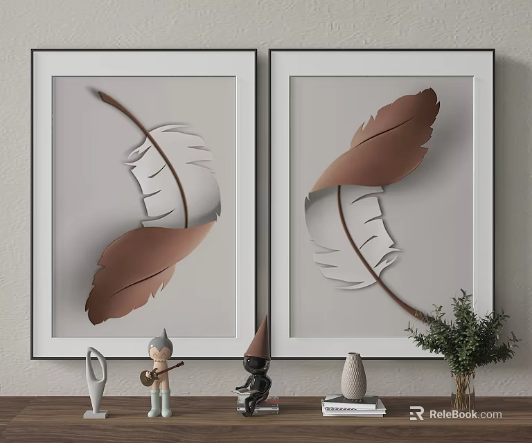 Interior With Framed Feather Art And Decor Objects 3d model
