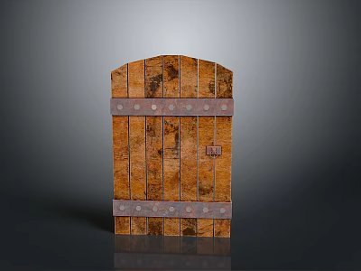 Rustic Brown Wooden Door With Arched Top Metal Straps And Rivets Design 3d model