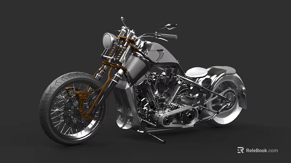 Vintage Custom Motorcycle With Silver Body Gold Accents Large Tires And Chrome Parts 3d model 