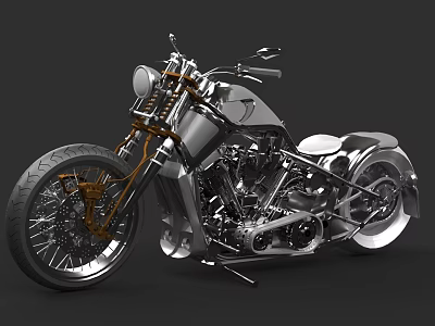 Vintage Custom Motorcycle With Silver Body Gold Accents Large Tires And Chrome Parts 3d model