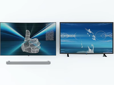 Curved and Flat Screen TVs With Thumbs Up Graphic Abstract Lines Birds and Soundbar 3d model