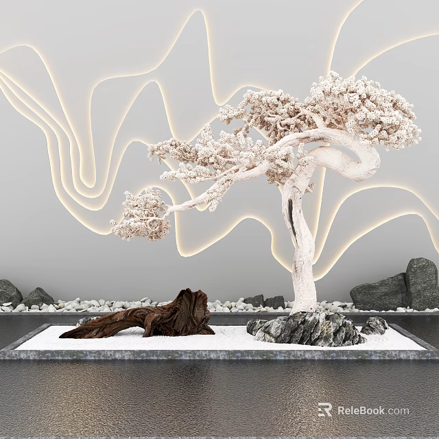 Garden Ornament White Curved Tree Illuminated Wavy Background Stones Wooden Log Snowy Water Platform 3d model 