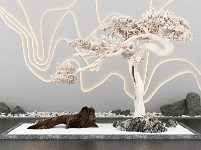 Garden Ornament White Curved Tree Illuminated Wavy Background Stones Wooden Log Snowy Water Platform 3d model