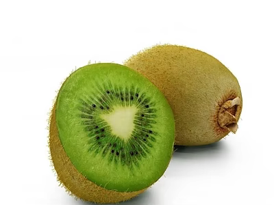 Fresh Kiwi Fruit Whole and Halved Displaying Green Flesh with Black Seeds 3d model