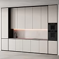 Modern Kitchen Cabinets With White Panels Black Frames Built in Oven And Countertop Lighting