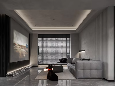 Modern Living Dining Room Interior With Gray Sofa TV Floor to Ceiling Windows And Lighting 3d model