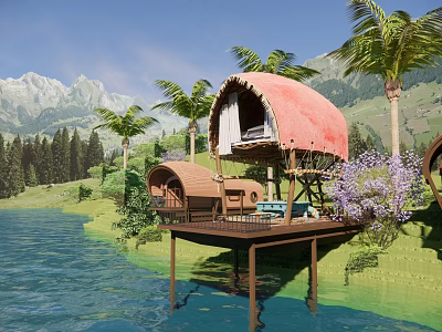 Rustic Lakeside Villa With Red Thatched Roof Overwater Deck Palm Trees And Mountain Backdrop 3d model