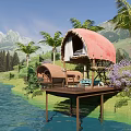 Rustic Lakeside Villa With Red Thatched Roof Overwater Deck Palm Trees And Mountain Backdrop