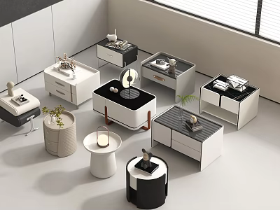 Modern Bedside Tables With Different Designs Drawers Decorative Items And Small Plants 3d model