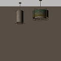 Two Elegant Chandeliers with Beige and Green Yellow Patterned Shades and Metal Frames